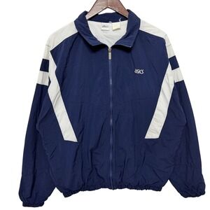 Vintage Asics Windbreaker Jacket Mens L Navy Blue White Colorblock Zip
